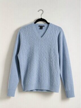 Vintage Club Monaco 100% Lambswool Cable Knit V-Neck Sweater Blue L